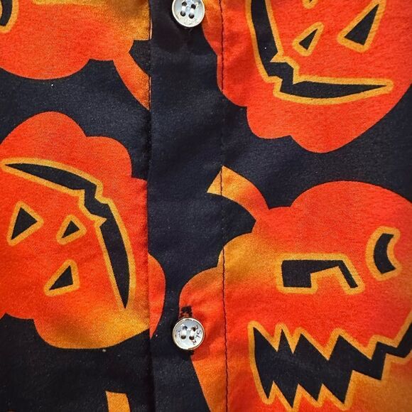 Halloween Button Up Short Sleeve Shirt Men's L Novelty Jack-O-Lantern Pumpkin - Picture 4 of 13